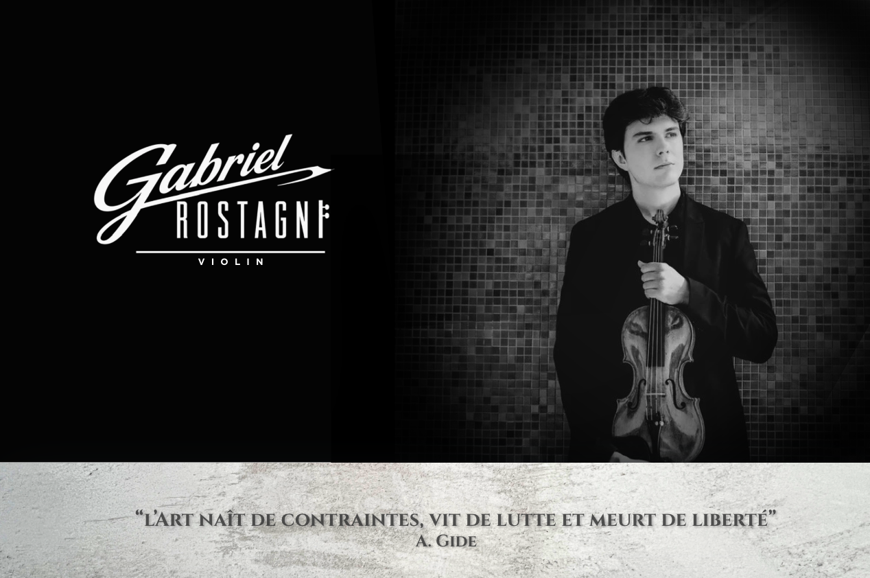 Portrait en noir et blanc de Gabriel Rostagni avec son violon